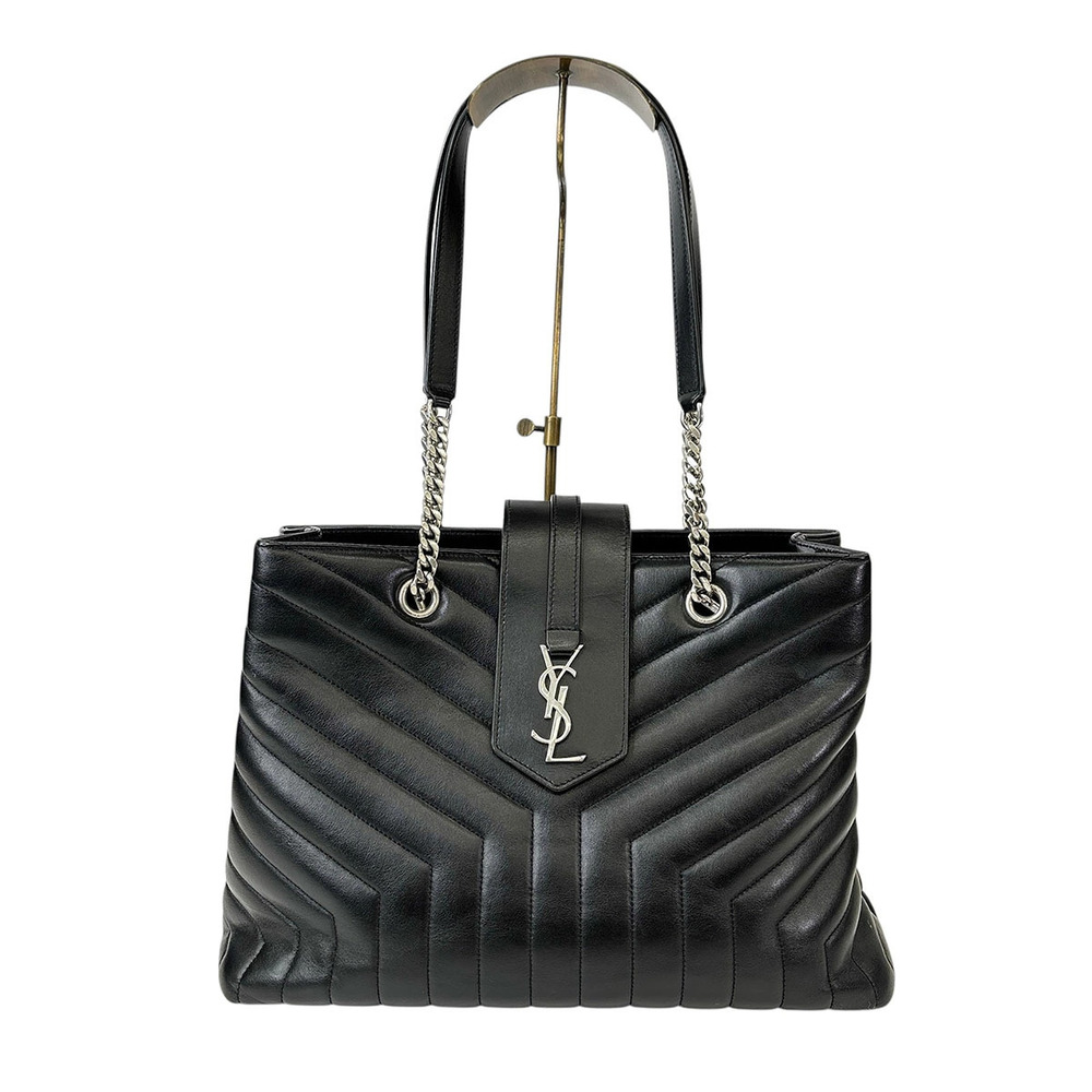 SAINT LAURENT Leather Chain Tote Bag Black